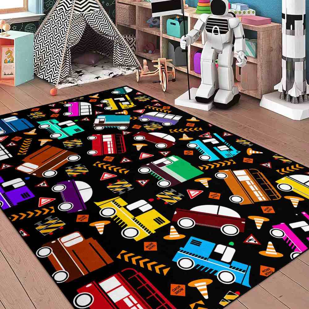 Scattered Traffic Cars Kids Playroom Rug Upgrade Ultra Non-Slip | CozyLil