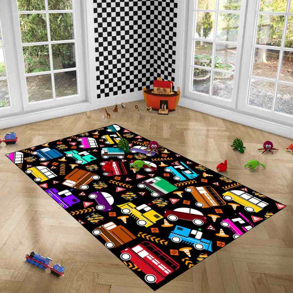 Scattered Traffic Cars Kids Playroom Rug Upgrade Ultra Non-Slip | CozyLil