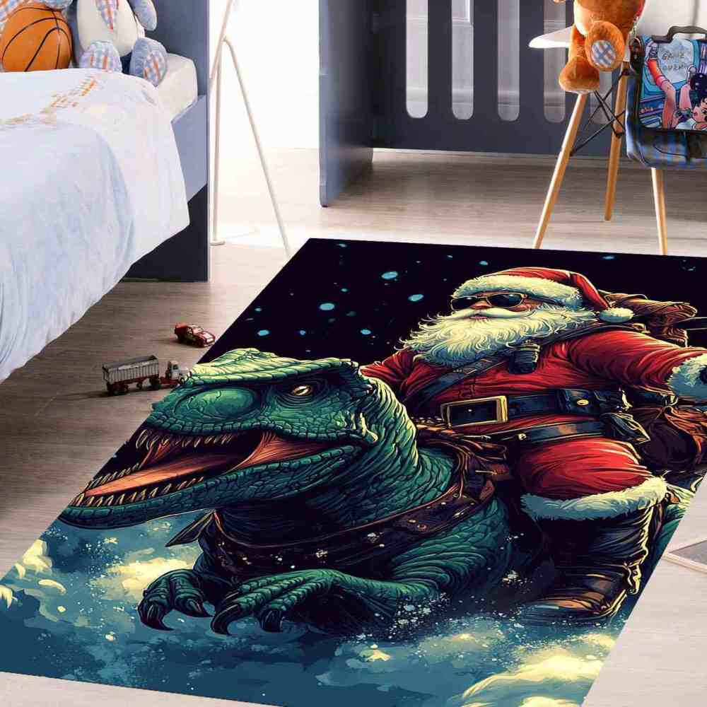 Santa Riding Dinosaur Area Rug Kids Playroom Decor | CozyLil