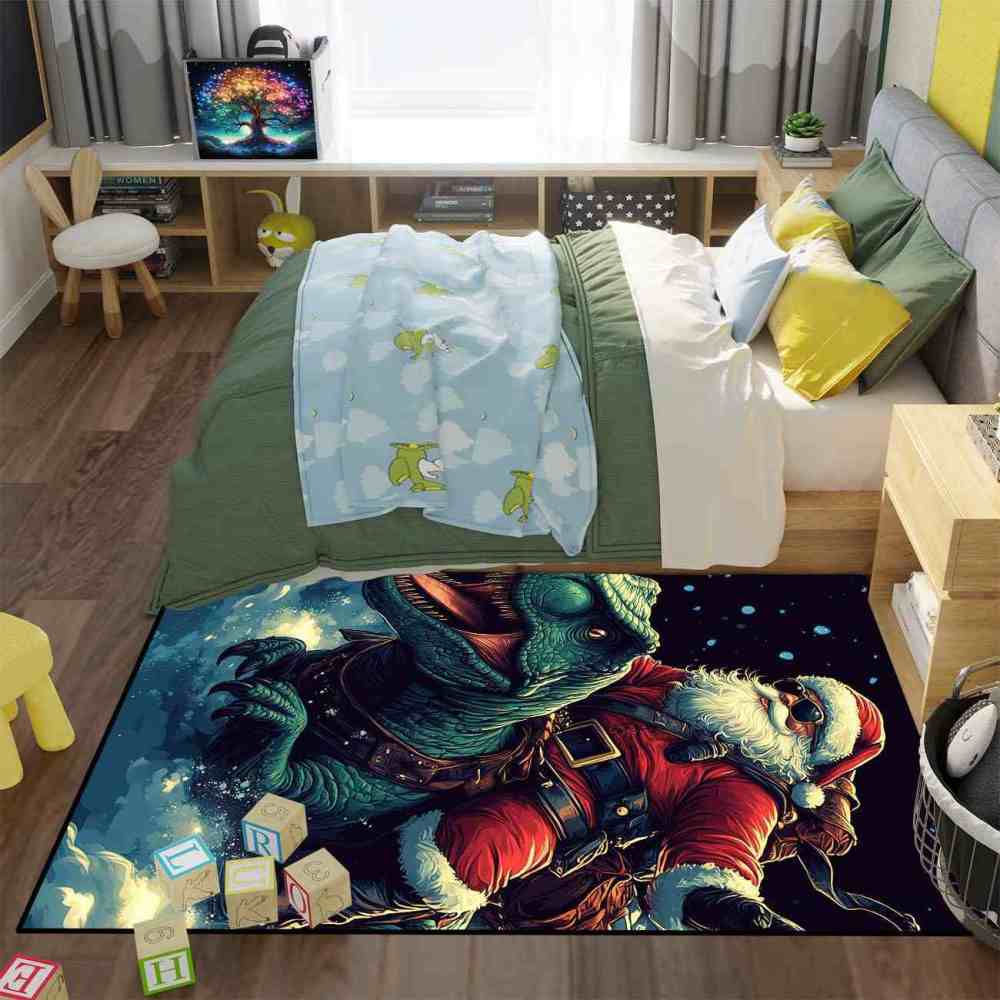 Santa Riding Dinosaur Area Rug Kids Playroom Decor | CozyLil