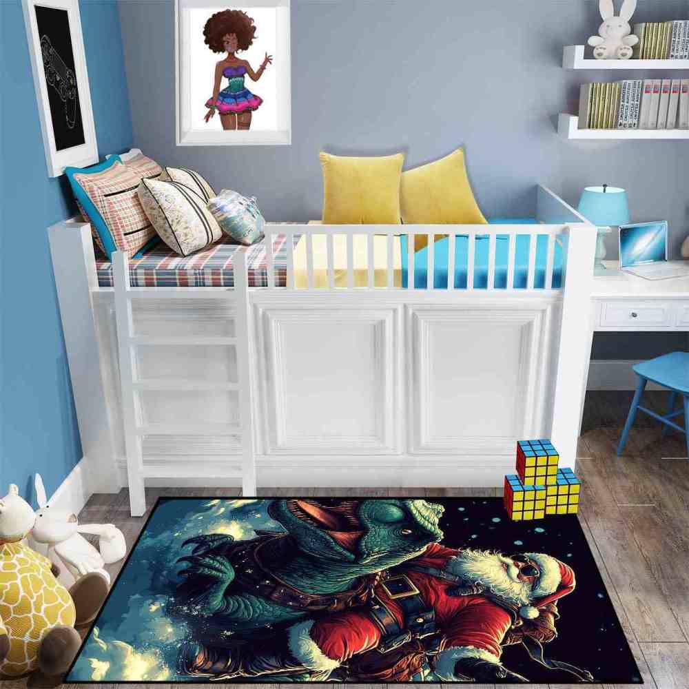 Santa Riding Dinosaur Area Rug Kids Playroom Decor | CozyLil