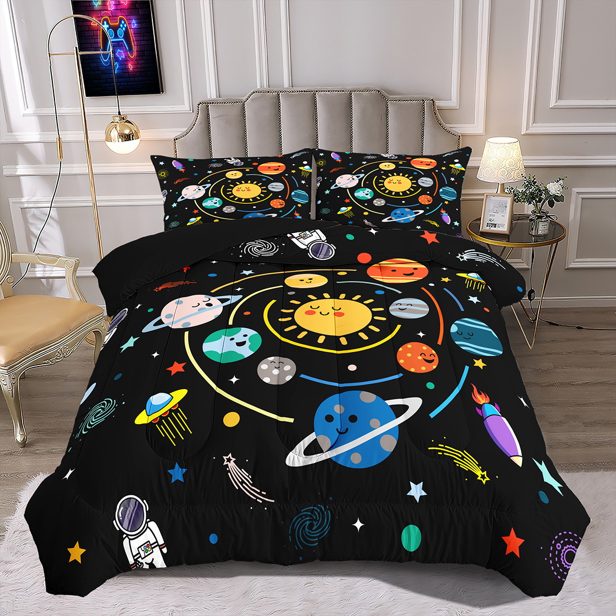 Cute Solar System Outer Space Comforter Set Kids Boys Bedding | CozyLil