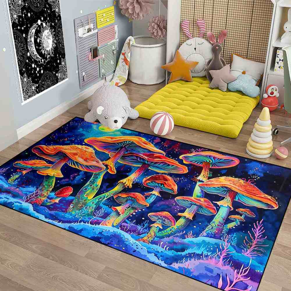 Psychedelic Rainbow Mushroom Cosmic Area Rug | CozyLil