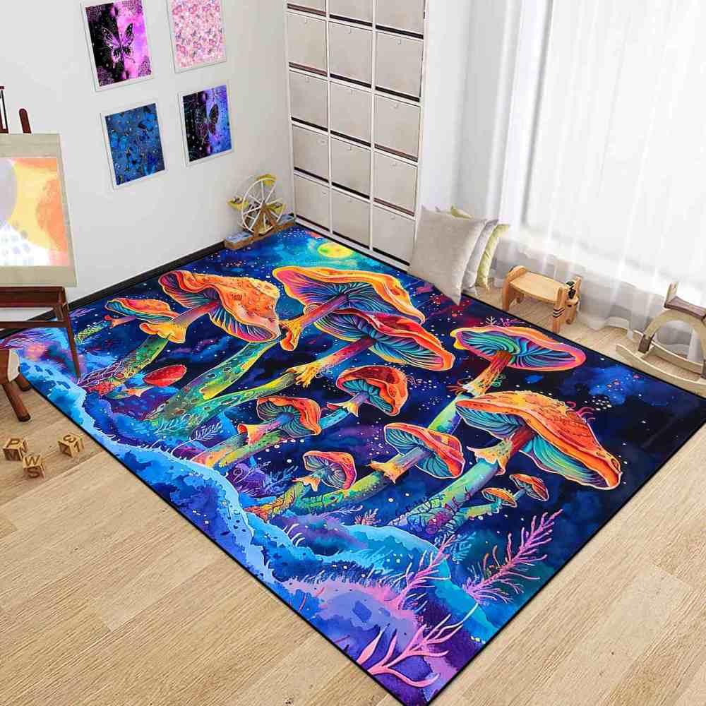 Psychedelic Rainbow Mushroom Cosmic Area Rug | CozyLil