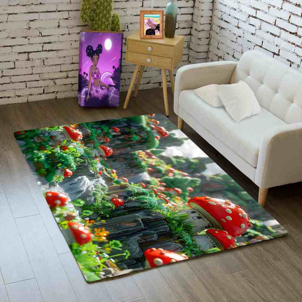 Realistic Mossy Rock Red Mushroom Area Rug | CozyLil