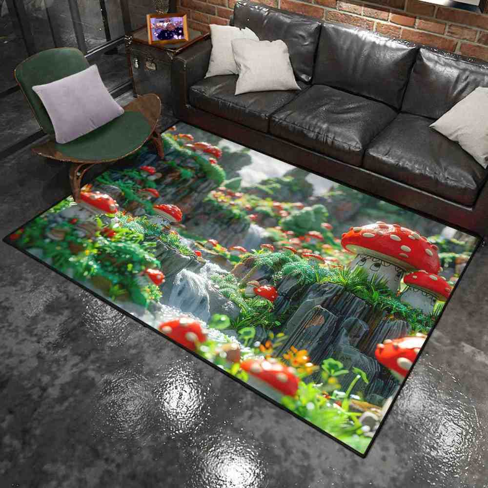 Realistic Mossy Rock Red Mushroom Area Rug | CozyLil