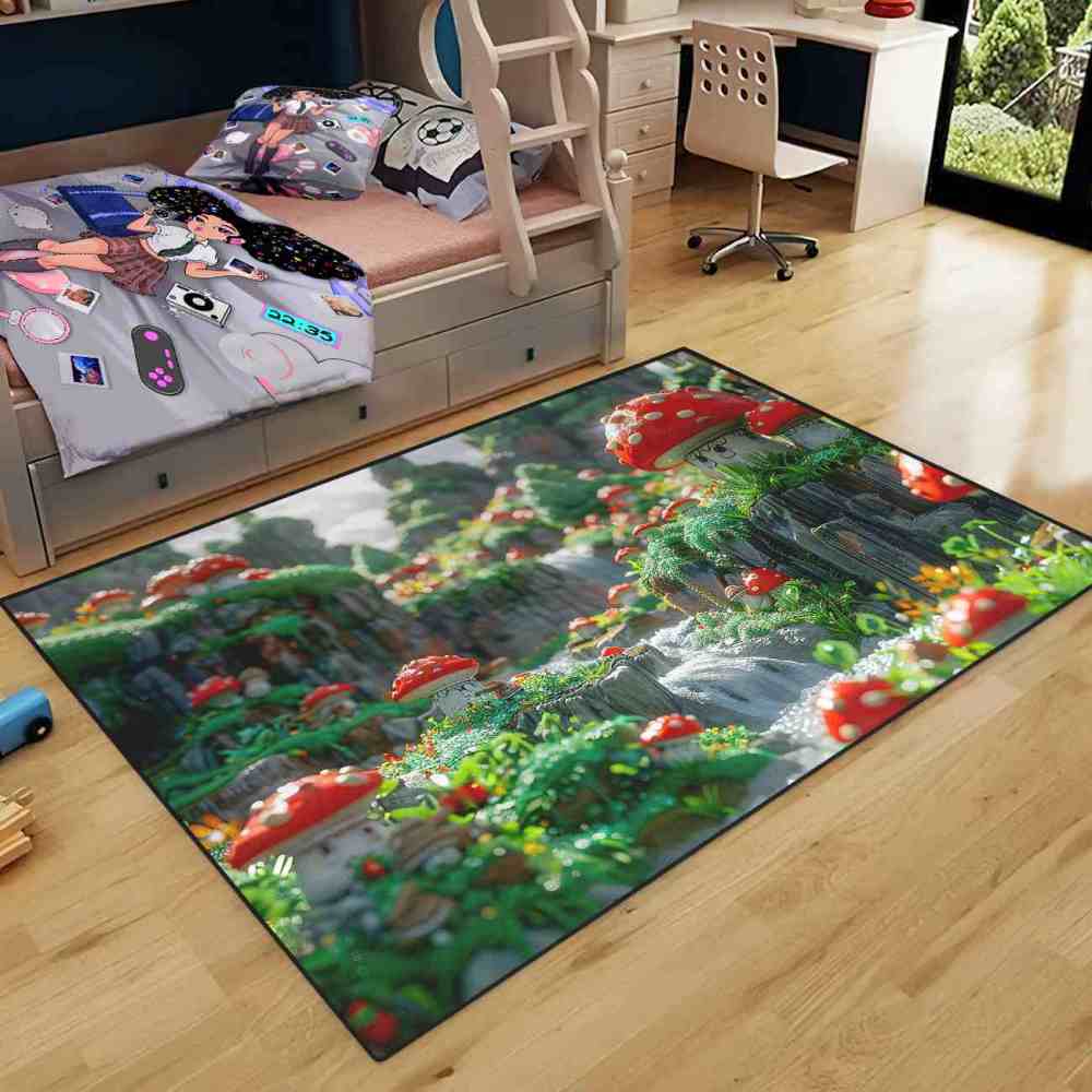 Realistic Mossy Rock Red Mushroom Area Rug | CozyLil