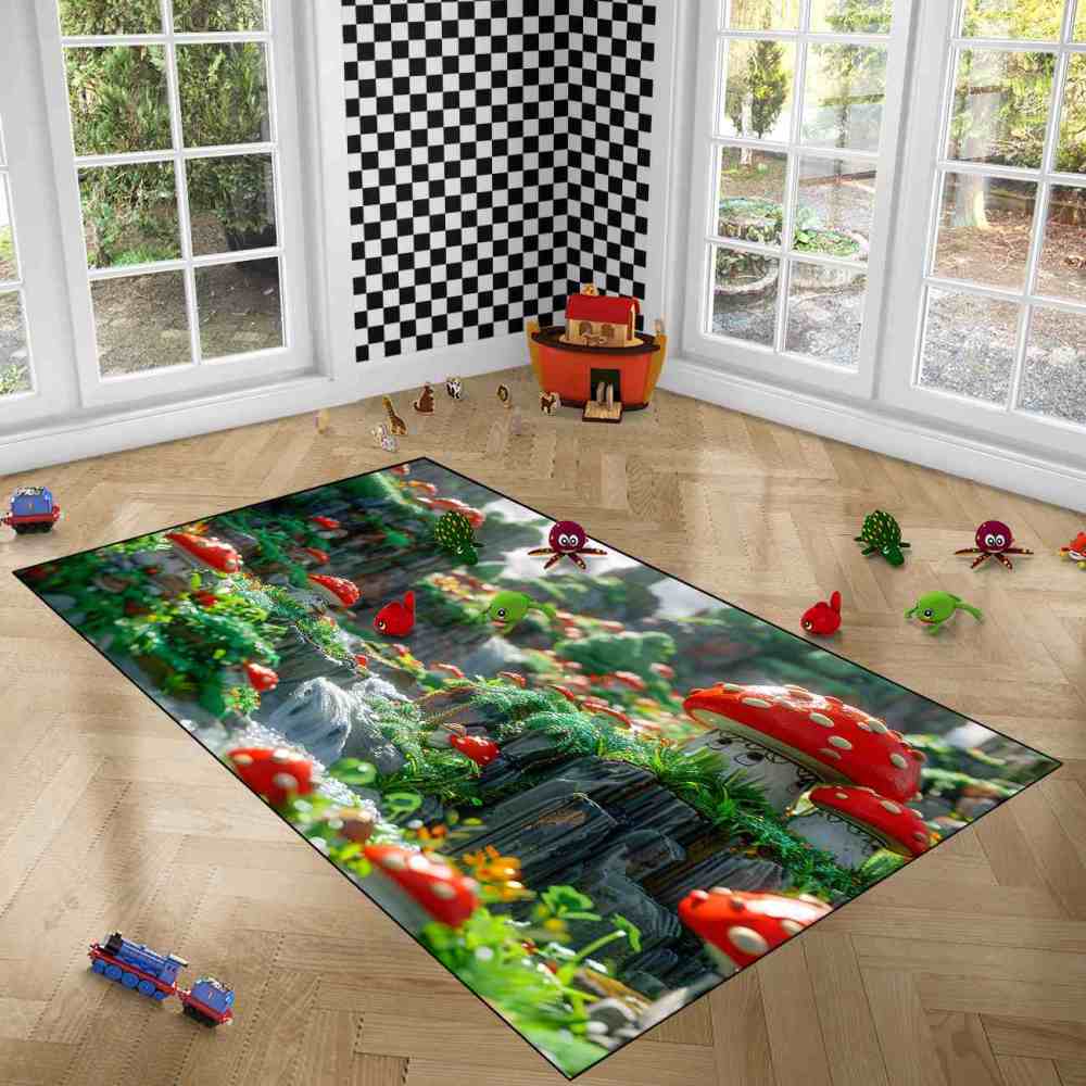 Realistic Mossy Rock Red Mushroom Area Rug | CozyLil