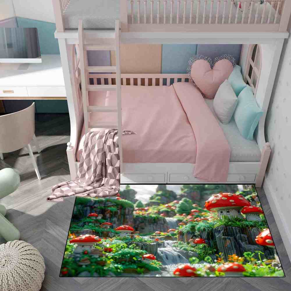 Realistic Mossy Rock Red Mushroom Area Rug | CozyLil