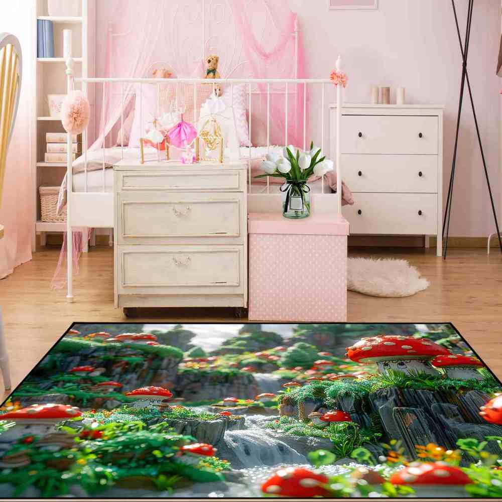 Realistic Mossy Rock Red Mushroom Area Rug | CozyLil