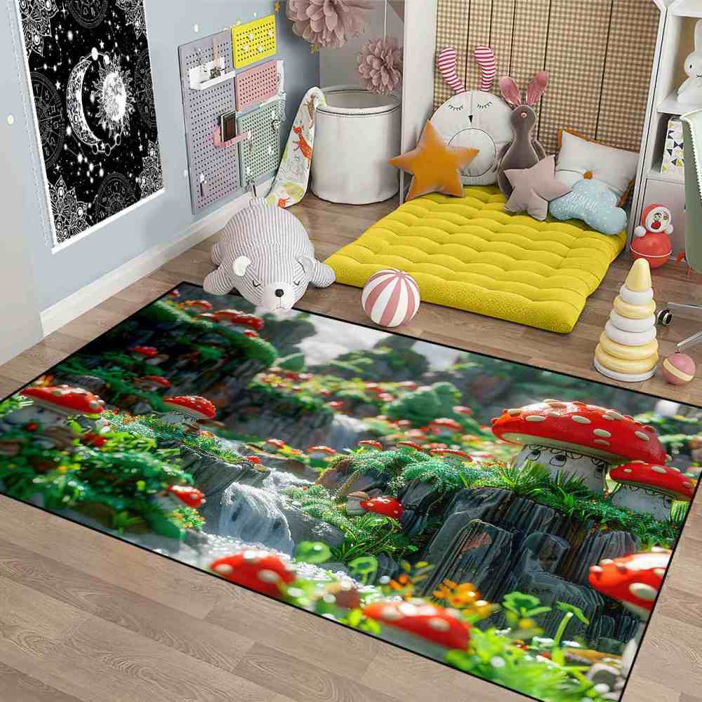 Realistic Mossy Rock Red Mushroom Area Rug | CozyLil