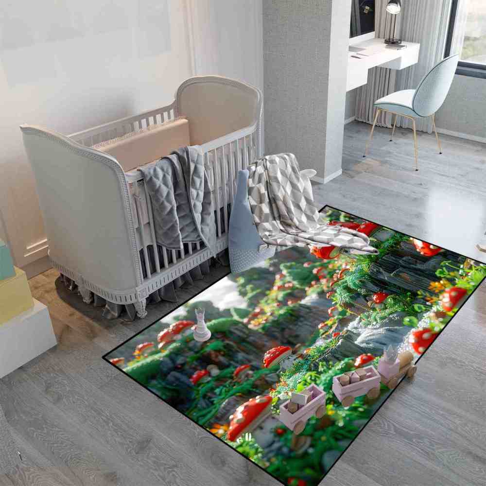 Realistic Mossy Rock Red Mushroom Area Rug | CozyLil