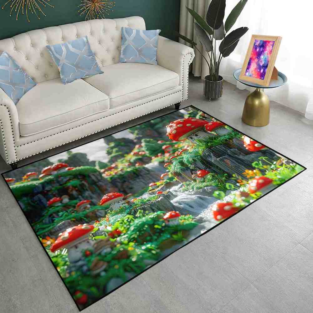 Realistic Mossy Rock Red Mushroom Area Rug | CozyLil