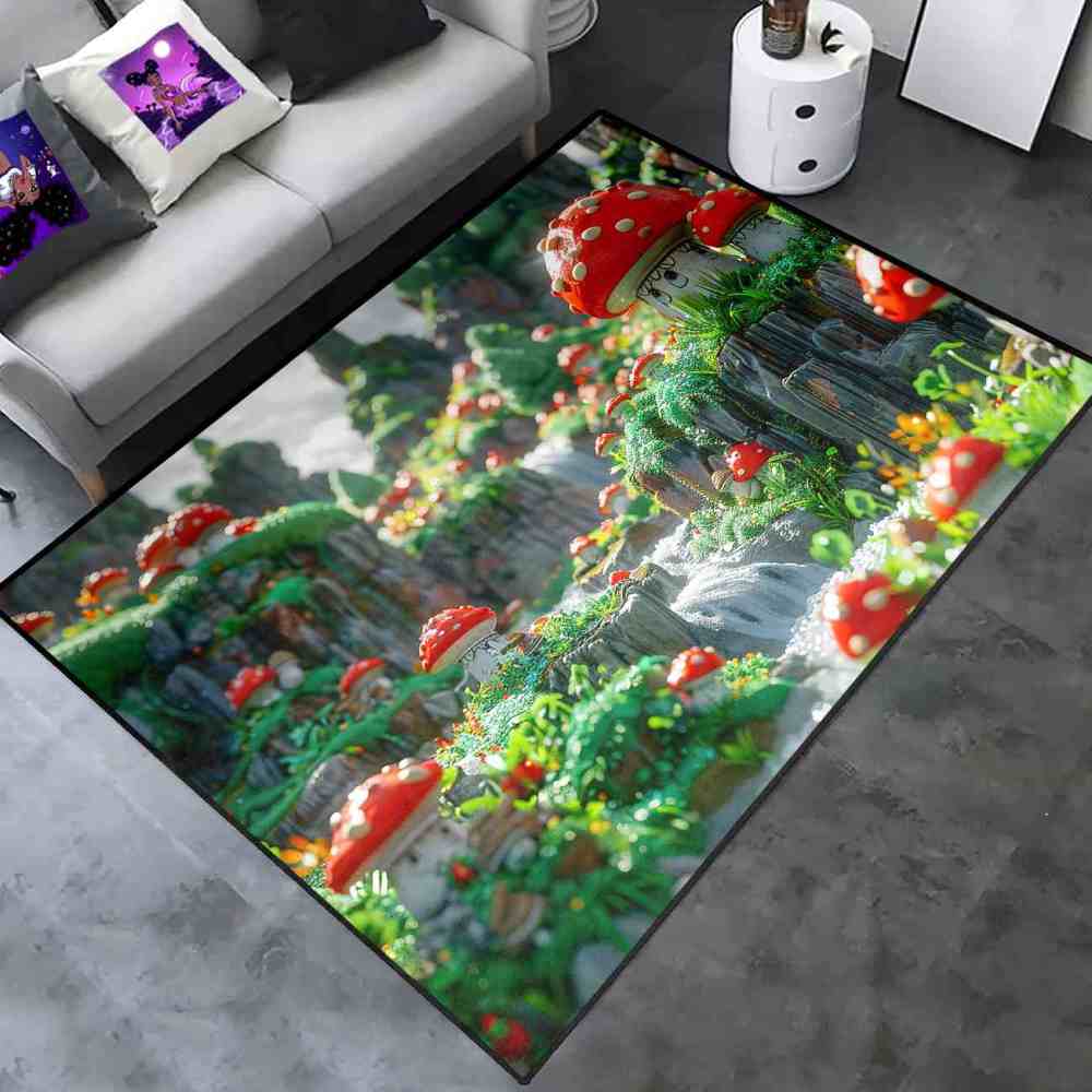 Realistic Mossy Rock Red Mushroom Area Rug | CozyLil
