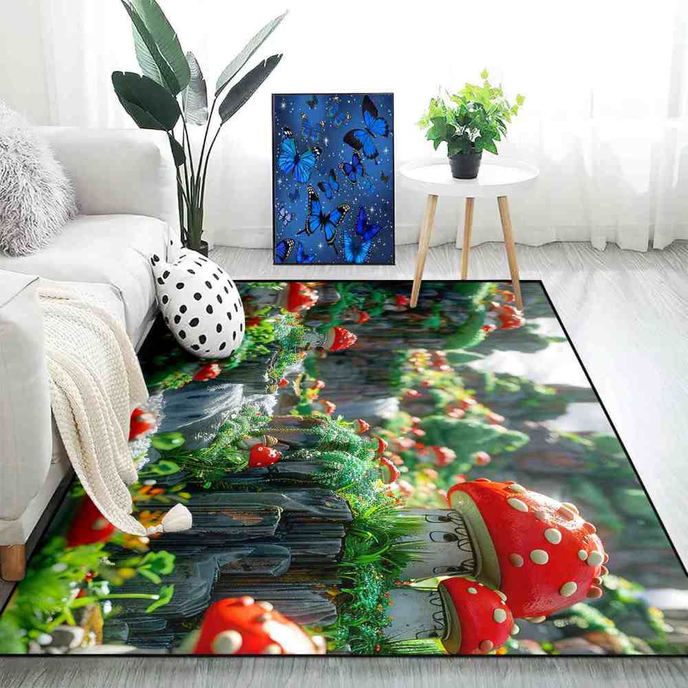 Realistic Mossy Rock Red Mushroom Area Rug | CozyLil