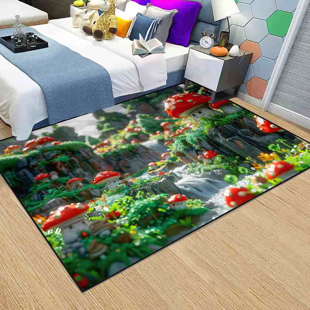 Realistic Mossy Rock Red Mushroom Area Rug | CozyLil