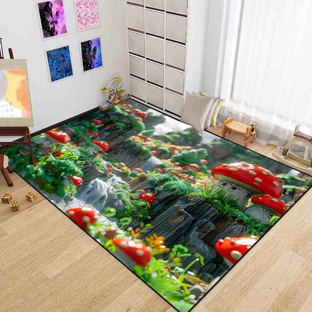 Realistic Mossy Rock Red Mushroom Area Rug | CozyLil