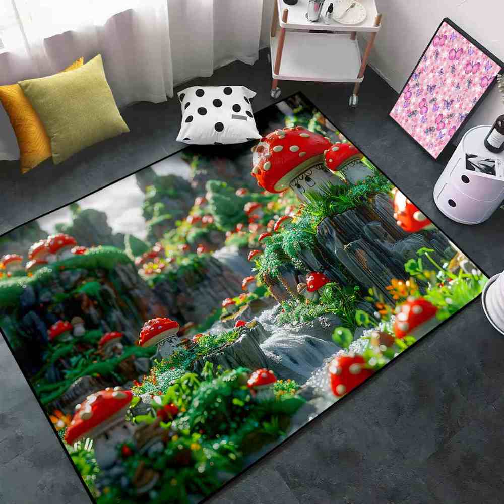 Realistic Mossy Rock Red Mushroom Area Rug | CozyLil