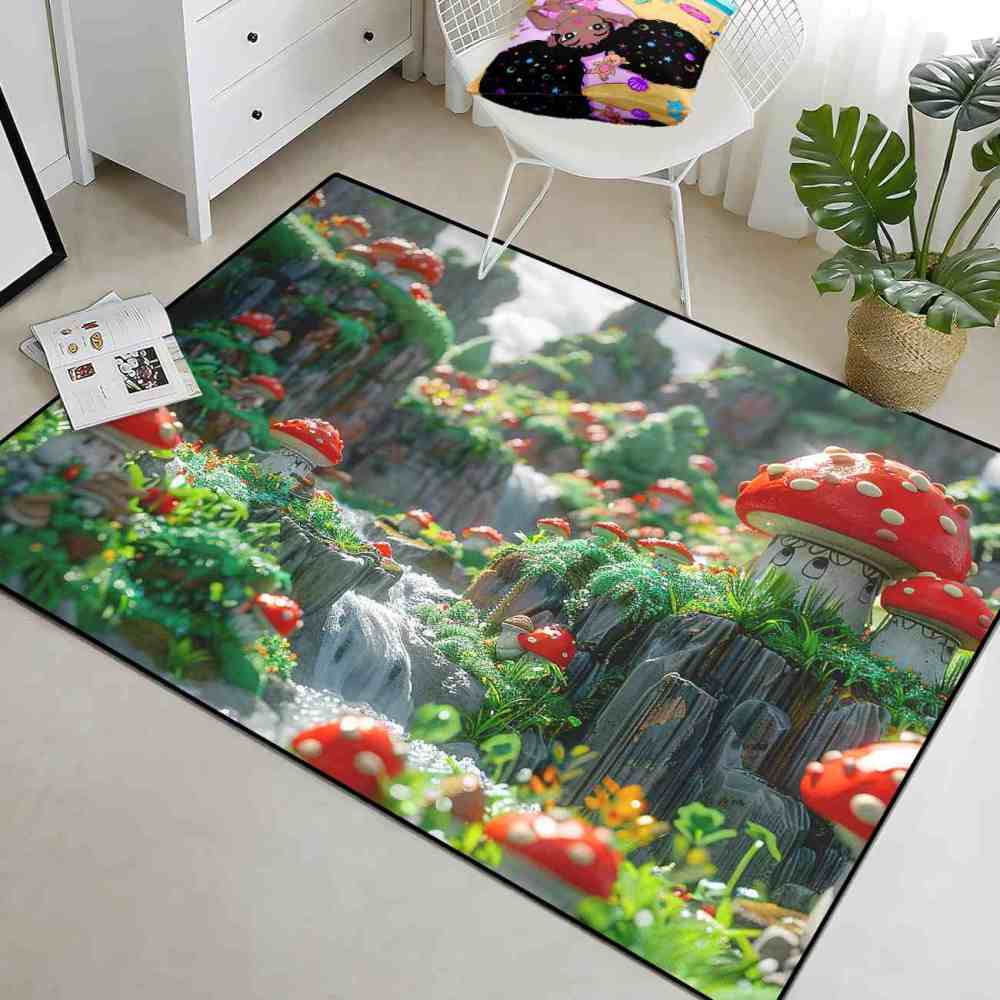 Realistic Mossy Rock Red Mushroom Area Rug | CozyLil