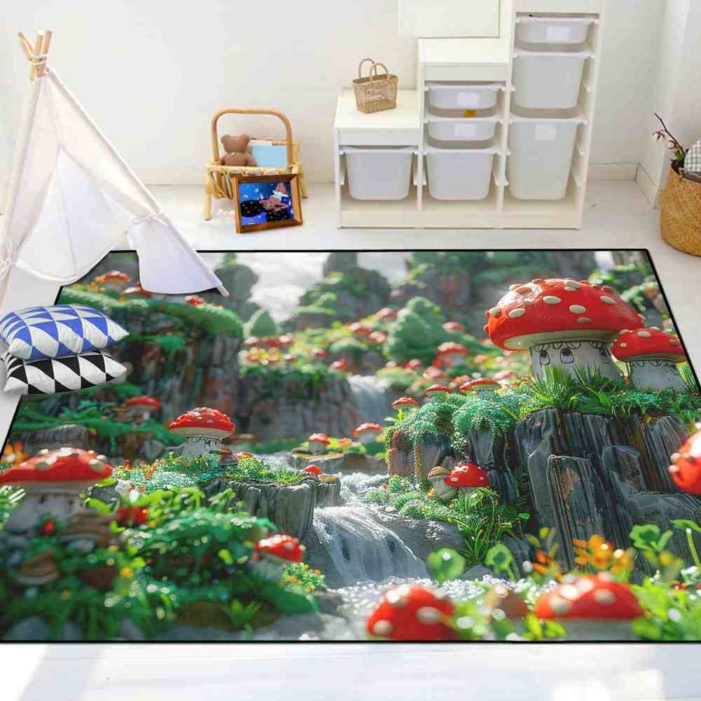 Realistic Mossy Rock Red Mushroom Area Rug | CozyLil
