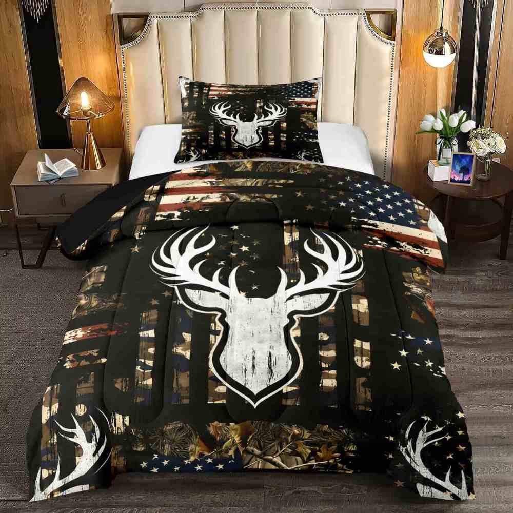 Rustic Flag Antler Comforter Set | Hunting Cabin Decor | CozyLil