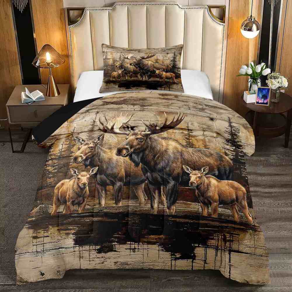Vintage Forest Moose Family Wildlife Comforter Set | CozyLil