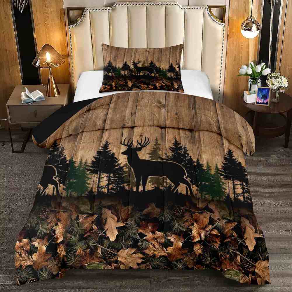 Rustic Forest Elk Silhouette Wood Grain Comforter Set | CozyLil