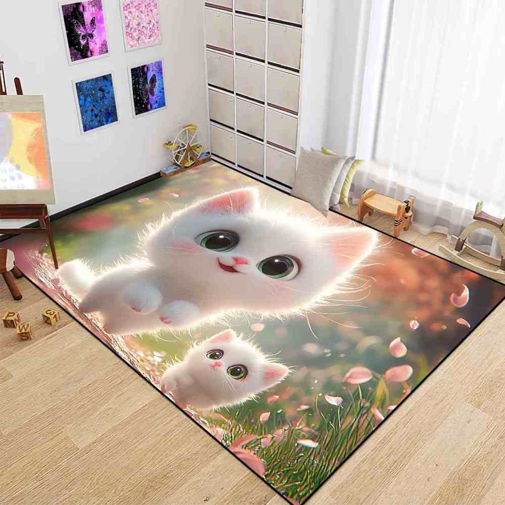 Cute White Kittens & Pink Petals Area Rug Girls Bedroom Decor Upgrade Ultra Non-Slip backing | CozyLil