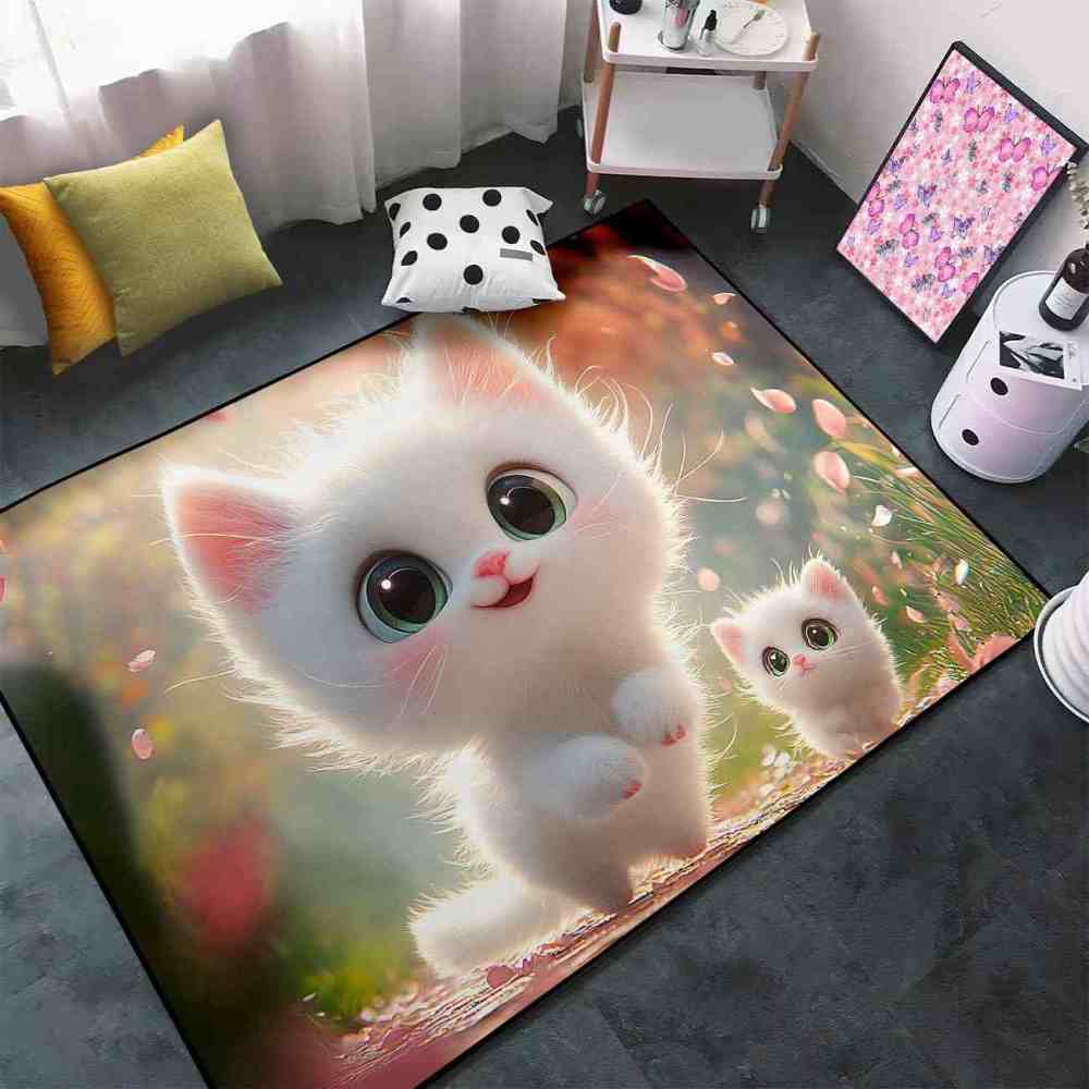Cute White Kittens & Pink Petals Area Rug Girls Bedroom Decor Upgrade Ultra Non-Slip backing | CozyLil