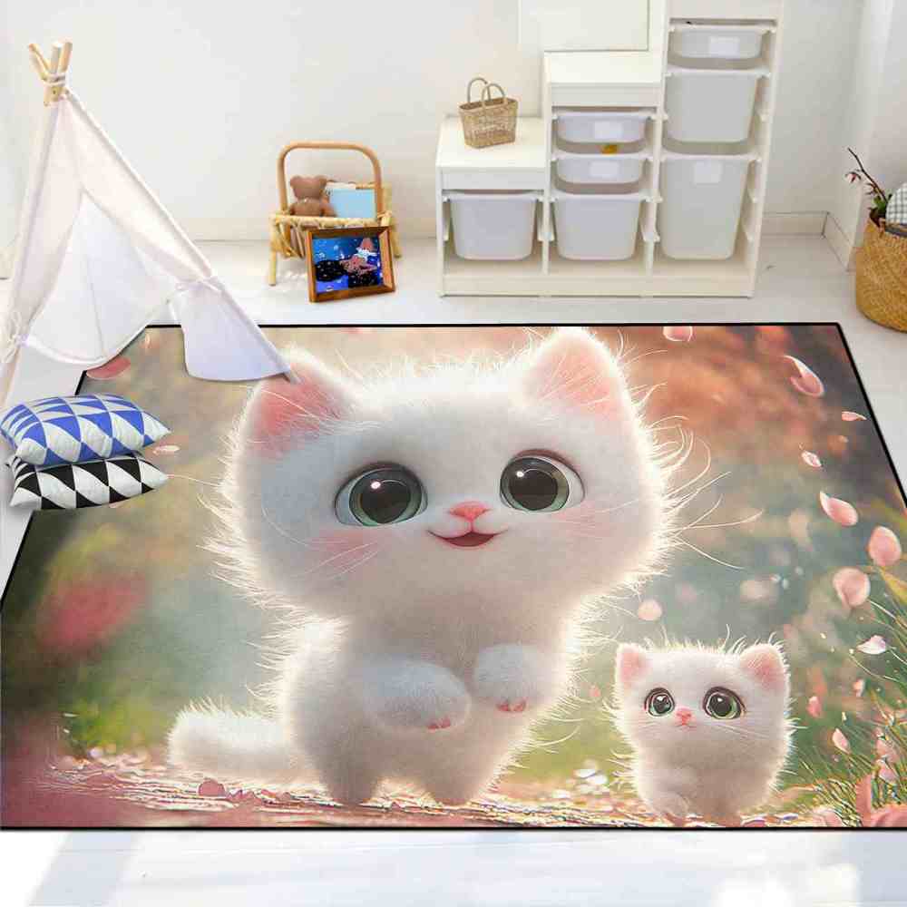 Cute White Kittens & Pink Petals Area Rug Girls Bedroom Decor Upgrade Ultra Non-Slip backing | CozyLil