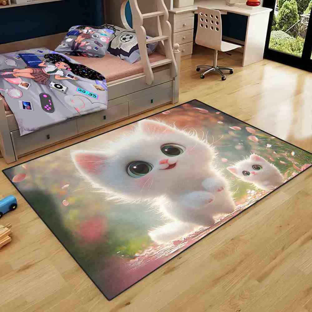 Cute White Kittens & Pink Petals Area Rug Girls Bedroom Decor Upgrade Ultra Non-Slip backing | CozyLil