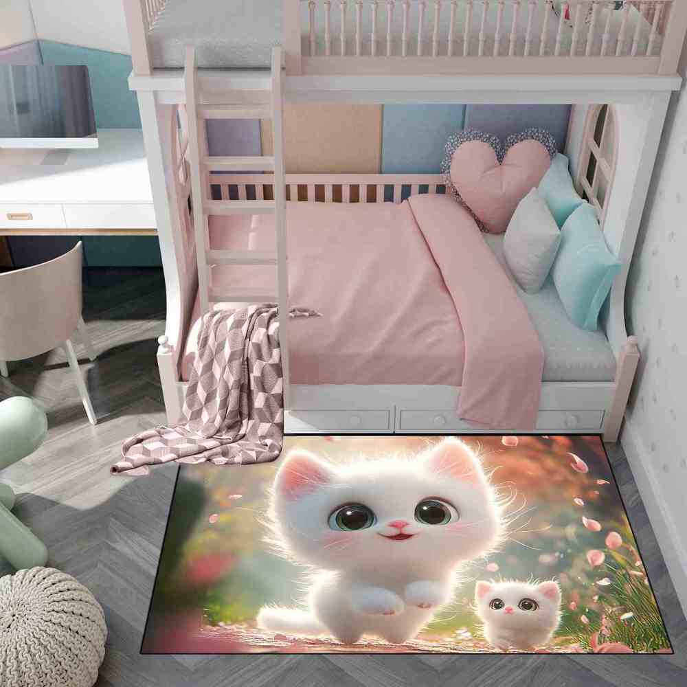 Cute White Kittens & Pink Petals Area Rug Girls Bedroom Decor Upgrade Ultra Non-Slip backing | CozyLil