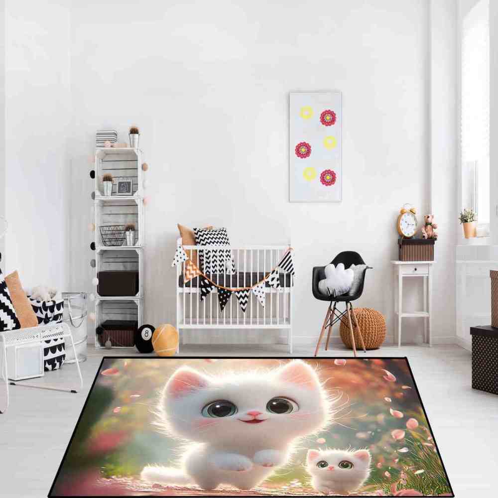 Cute White Kittens & Pink Petals Area Rug Girls Bedroom Decor Upgrade Ultra Non-Slip backing | CozyLil