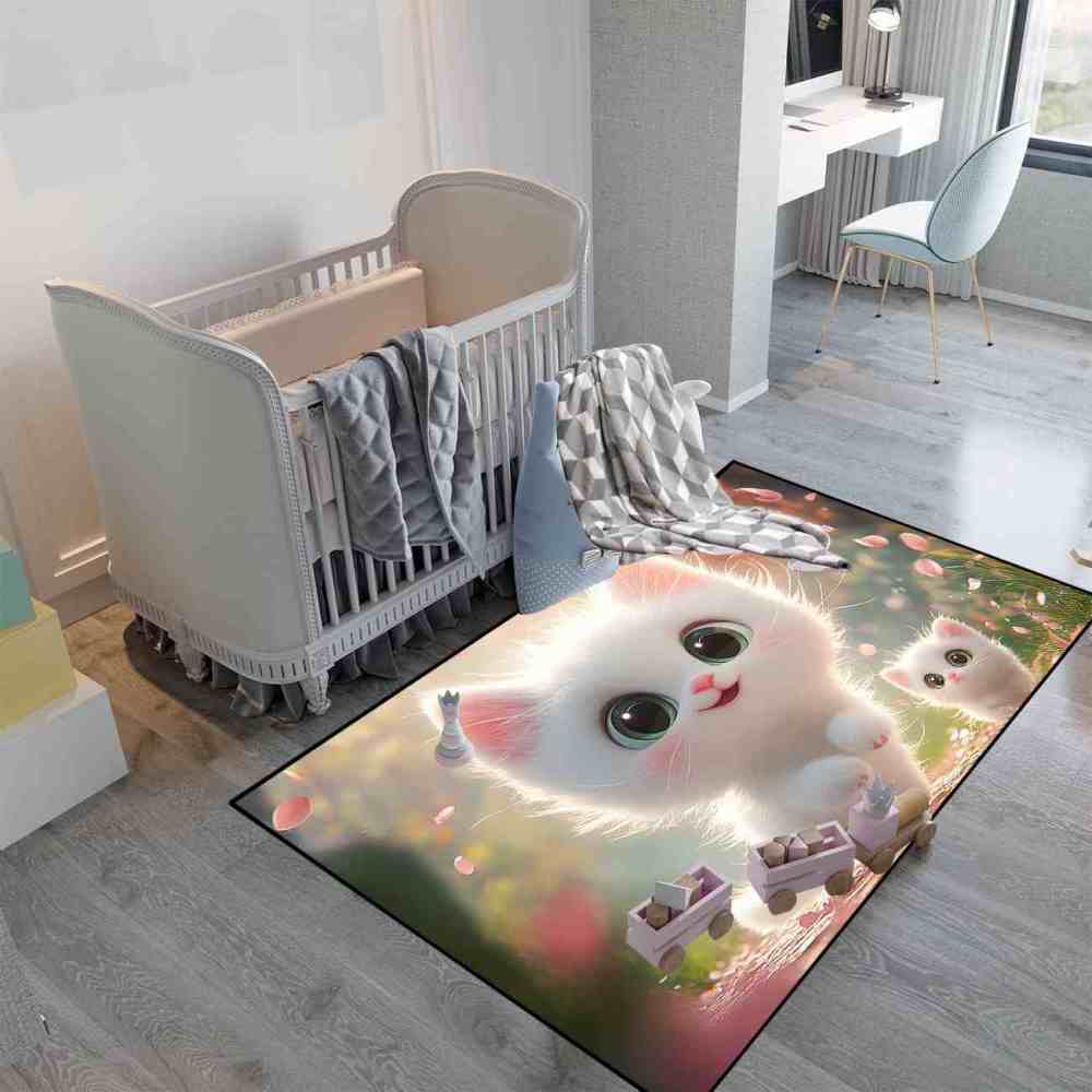 Cute White Kittens & Pink Petals Area Rug Girls Bedroom Decor Upgrade Ultra Non-Slip backing | CozyLil
