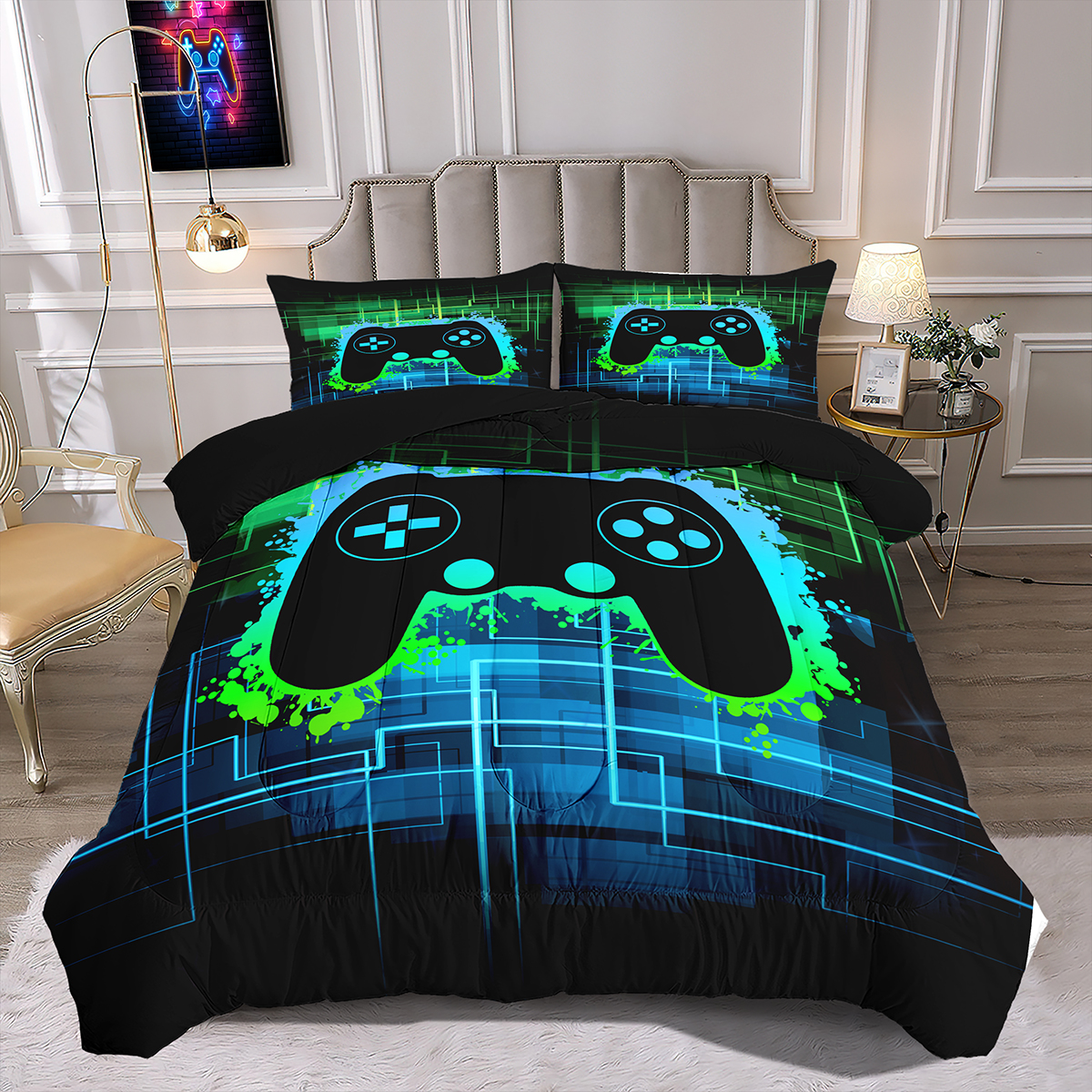 Cyber Grid Gamer Comforter Set Kids Bedding | CozyLil