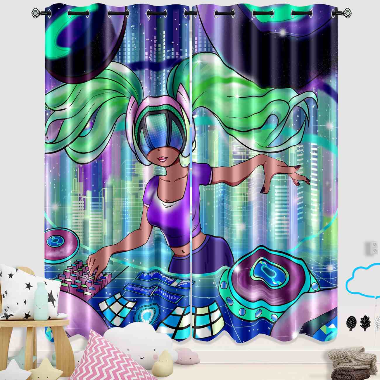 Futuristic African American Girl DJ Kids Curtains | CozyLil