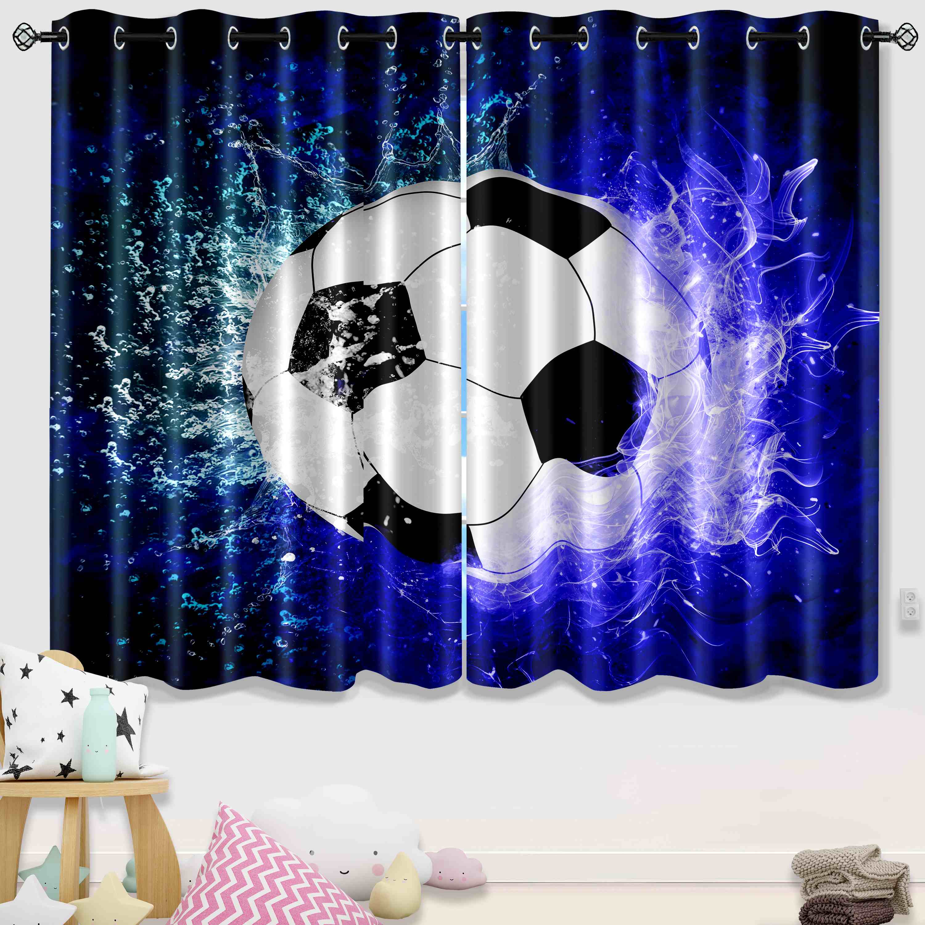 Blue Flame and Splash Soccer Ball Window Drapes | CozyLil