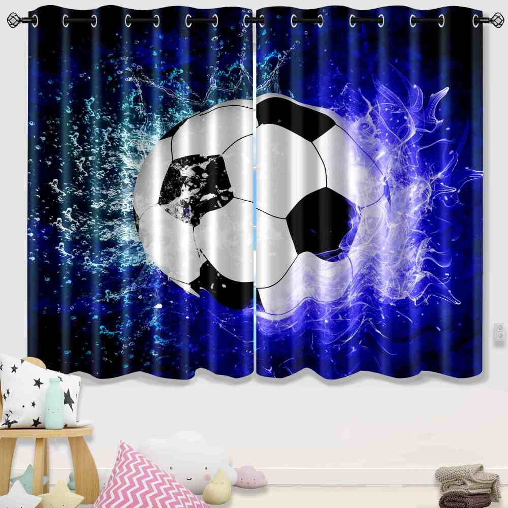 Blue Flame and Splash Soccer Ball Window Drapes | CozyLil
