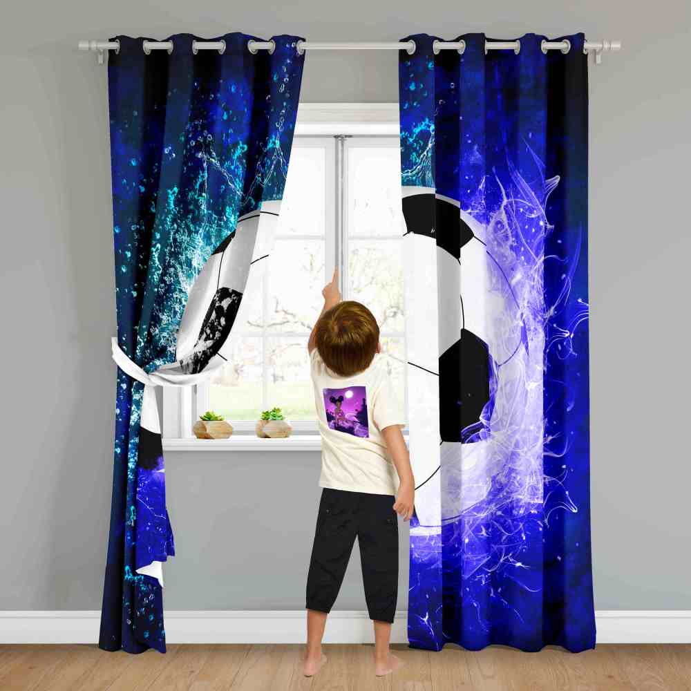 Blue Flame and Splash Soccer Ball Window Drapes | CozyLil