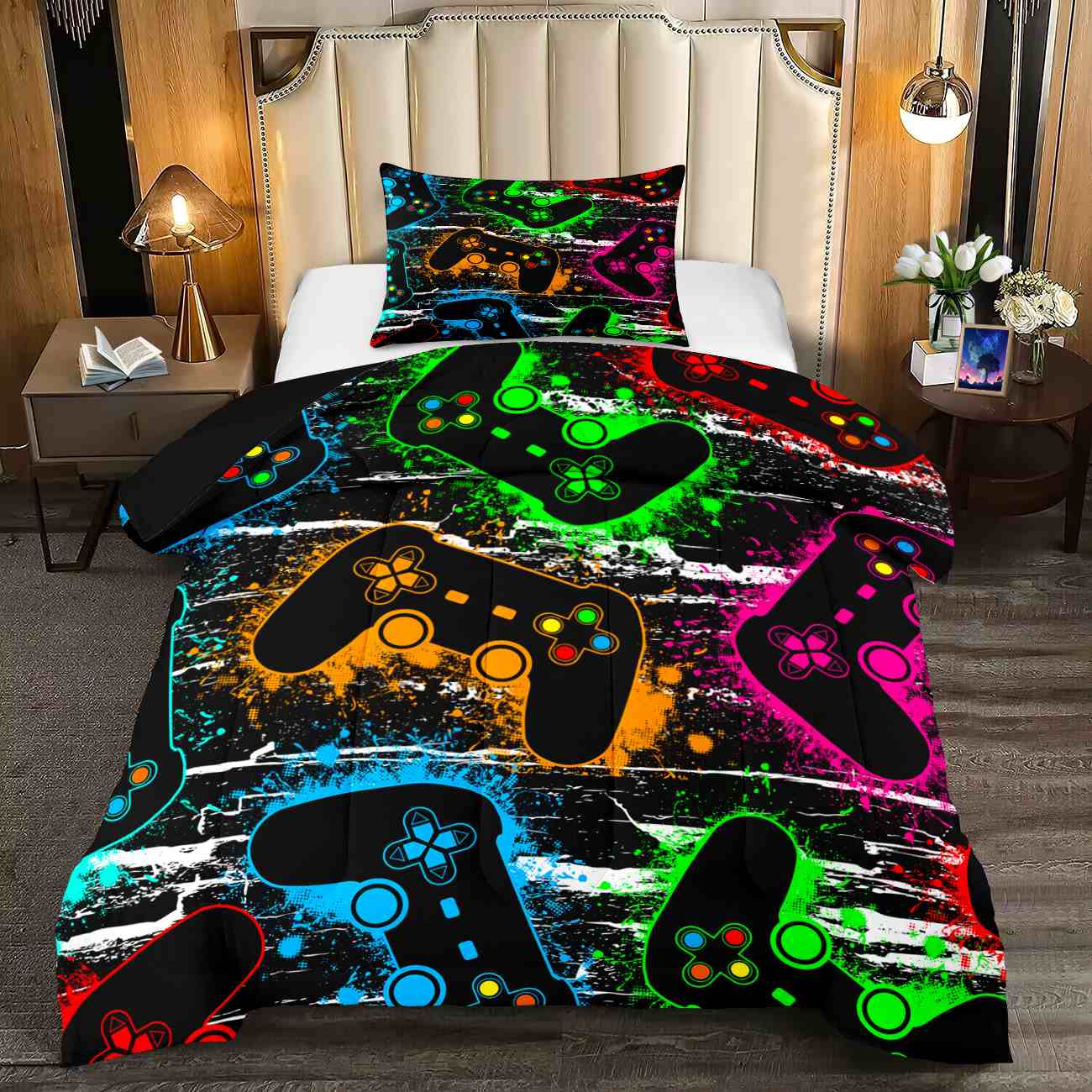Neon Controllers Grunge Gamer Comforter Set | CozyLil