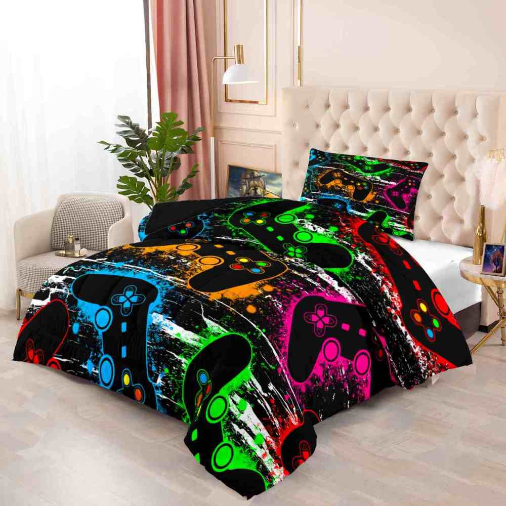 Neon Controllers Grunge Gamer Comforter Set | CozyLil