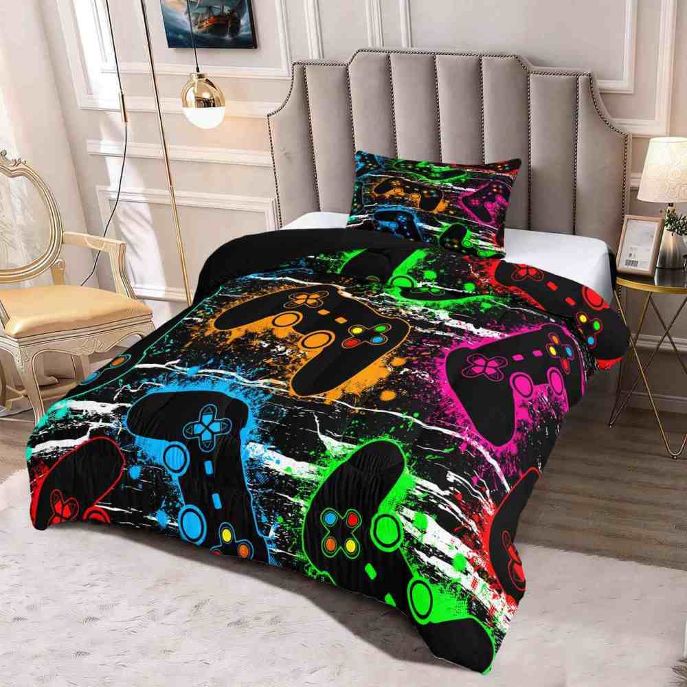 Neon Controllers Grunge Gamer Comforter Set | CozyLil