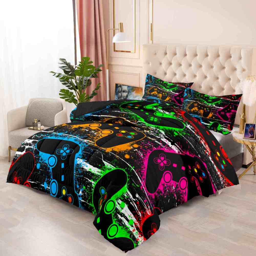 Neon Controllers Grunge Gamer Comforter Set | CozyLil