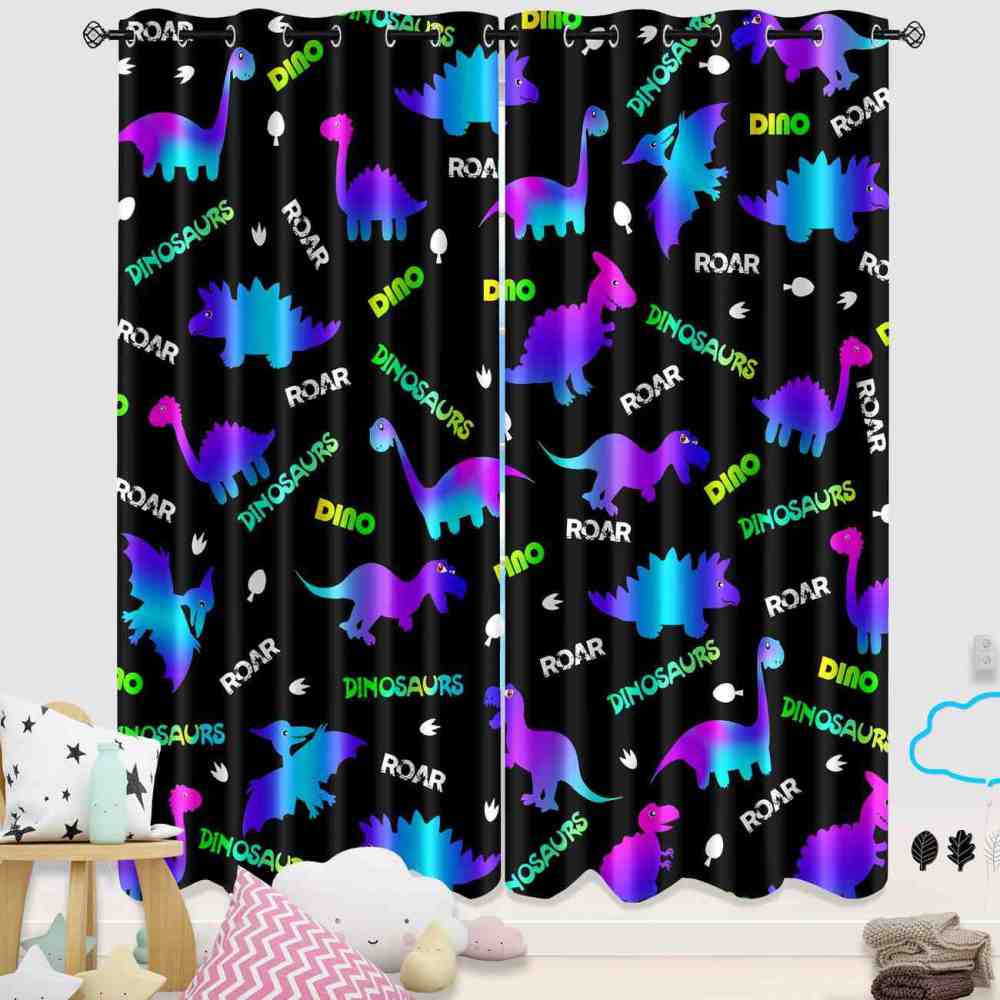 Neon Dinosaur Silhouette Window Curtains For Kids | CozyLil