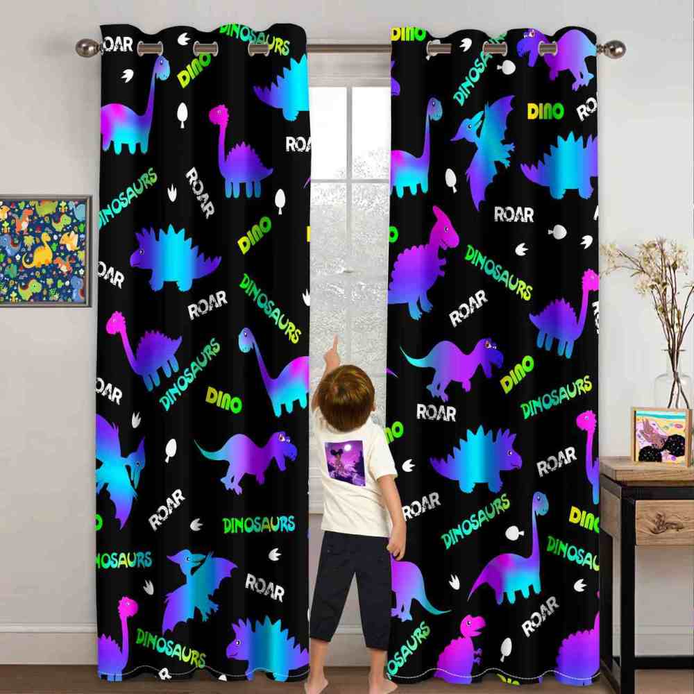 Neon Dinosaur Silhouette Window Curtains For Kids | CozyLil