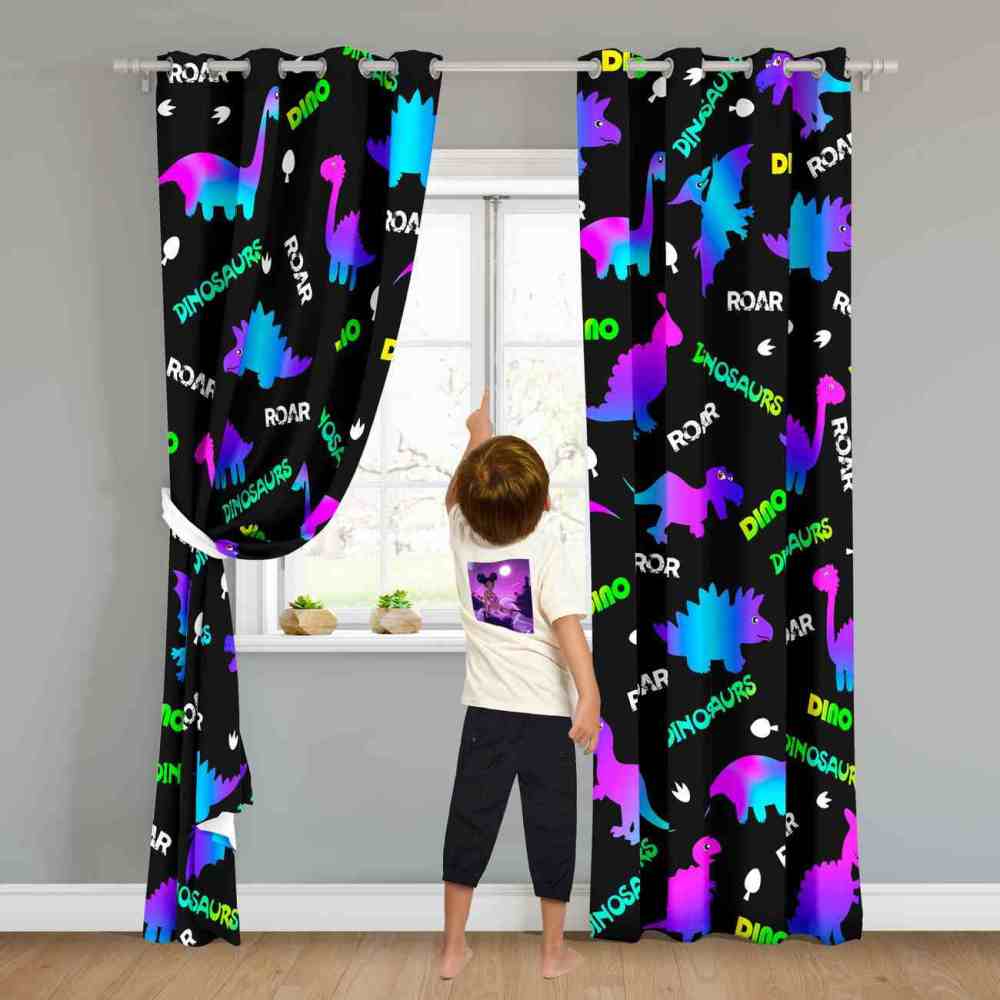 Neon Dinosaur Silhouette Window Curtains For Kids | CozyLil