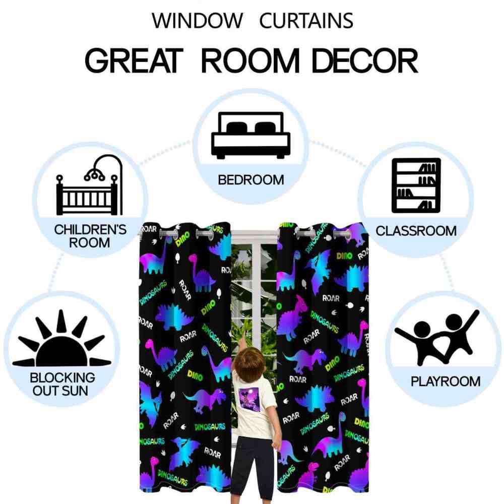 Neon Dinosaur Silhouette Window Curtains For Kids | CozyLil