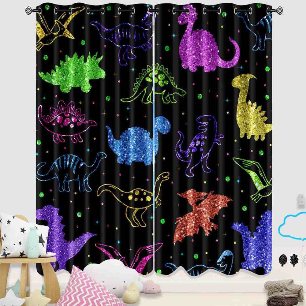 Glitter Dinosaur Kingdom Dark Window Curtains | CozyLil