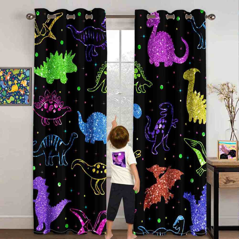 Glitter Dinosaur Kingdom Dark Window Curtains | CozyLil