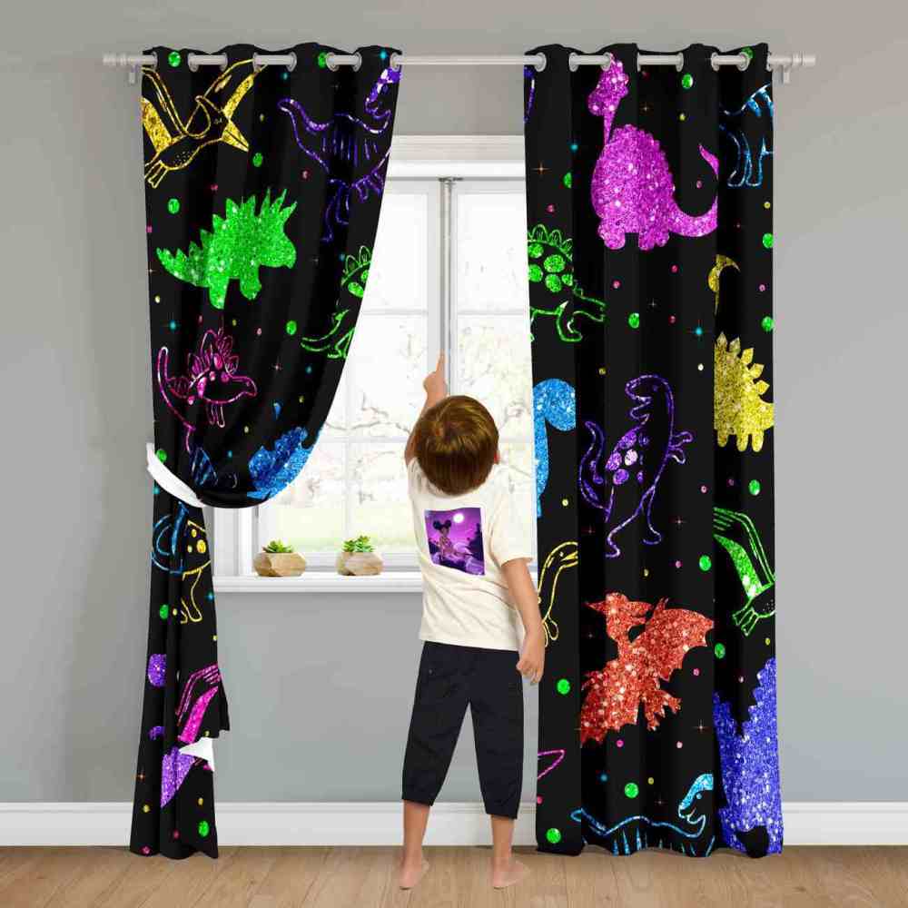 Glitter Dinosaur Kingdom Dark Window Curtains | CozyLil